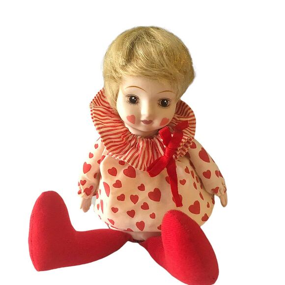 Vintage Valentine’s Day Heart Clown Shelf Sitter Musical Porcelain Girl Doll - Picture 1 of 9